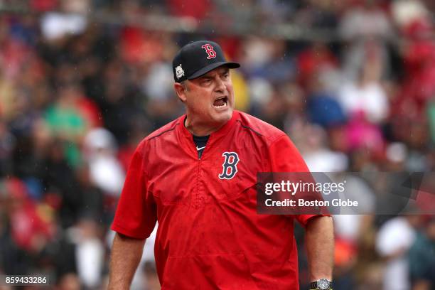 Boston Red Sox manager John Farrell yells at the umpires after being ejected from the game in the second inning. The Boston Red Sox host the Houston...