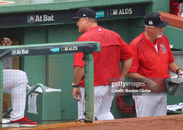 Boston Red Sox Manager John Farrell walks down the dugout steps after getting ejected in the second inning after arguing a called strike. The Boston...