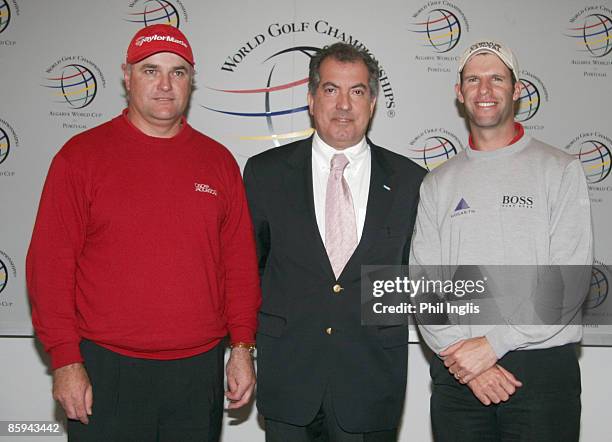 Orlando Carrasco, CEO, Portuguese Tourist Board, with Stephen Dodd and Bradley Dredge of Wales after the 2005 Algarve World Cup at the Victoria Golf...