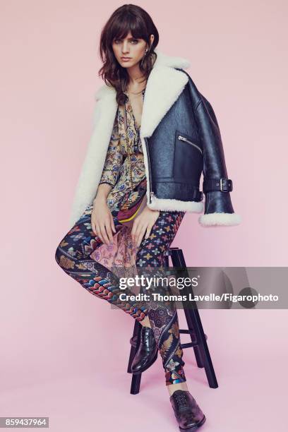 Model Nina K poses at a fashion shoot for Madame Figaro on July 17, 2017 in Paris, France. Jacket , dress , pants , earring , bag , shoes . PUBLISHED...