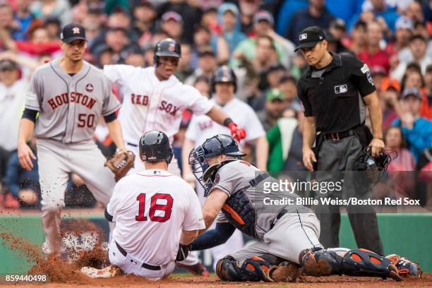 Mitch Moreland of the Boston Red Sox is tagged out by Brian McCann of the Houston Astros during the third inning of game four of the American League...