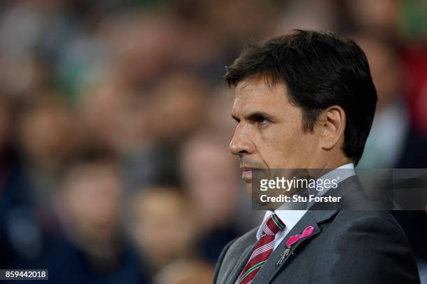 Chris Coleman, Manager of Wales looks on prior to the FIFA 2018 World Cup Group D Qualifier between Wales and Republic of Ireland at the Cardiff City...