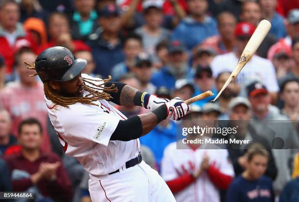 Hanley Ramirez of the Boston Red Sox breaks his bat in the third inning against the Houston Astros during game four of the American League Division...