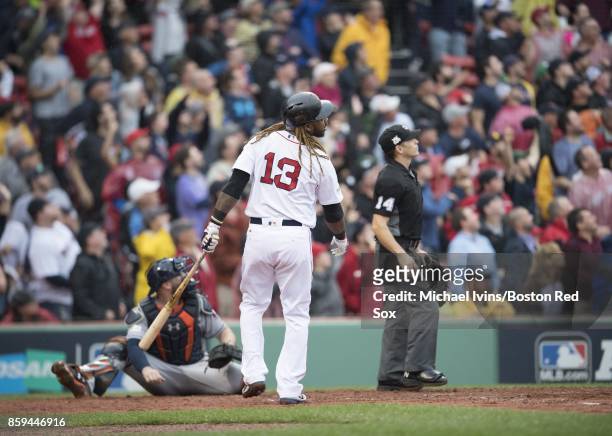 Hanley Ramirez of the Boston Red Sox reacts after nearly hitting a home run against the Houston Astros in the third inning of game four of the...