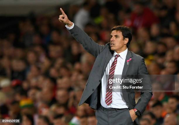 Chris Coleman, Manager of Wales points during the FIFA 2018 World Cup Group D Qualifier between Wales and Republic of Ireland at the Cardiff City...