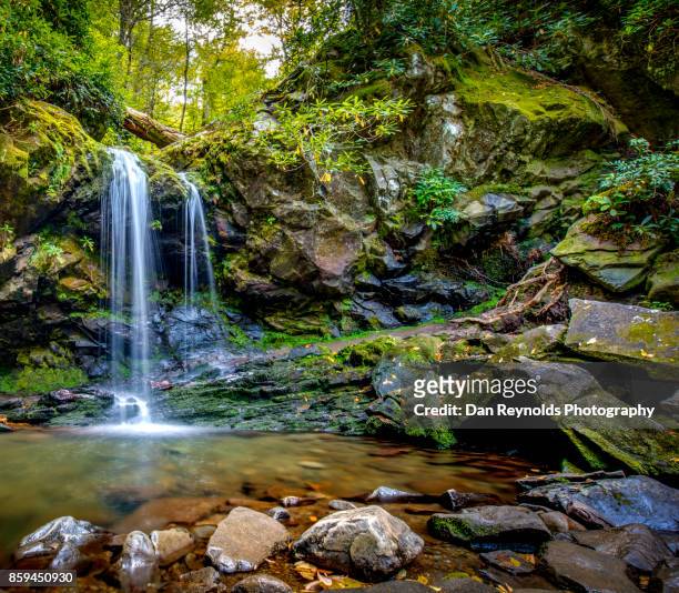 waterfall in mountain setting-space to right - gatlinburg stock pictures, royalty-free photos & images