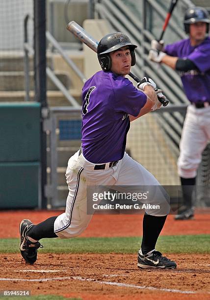 Dane Yelovich of the Kansas State Wildcats drives the ball to right field against the Texas A&M Aggies at Tointon Stadium on April 11, 2009 in...