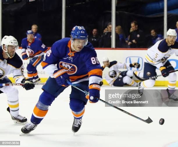 Nikolay Kulemin of the New York Islanders skates against the Buffalo Sabres at the Barclays Center on October 7, 2017 in the Brooklyn borough of New...
