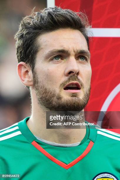 Scotland's goalkeeper Craig Gordon looks on prior to the FIFA World Cup 2018 qualification football match between Slovenia and Scotland at Stadium...