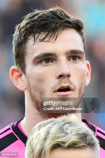 Scotland's defender Andy Robertson looks on prior to the FIFA World Cup 2018 qualification football match between Slovenia and Scotland at Stadium...