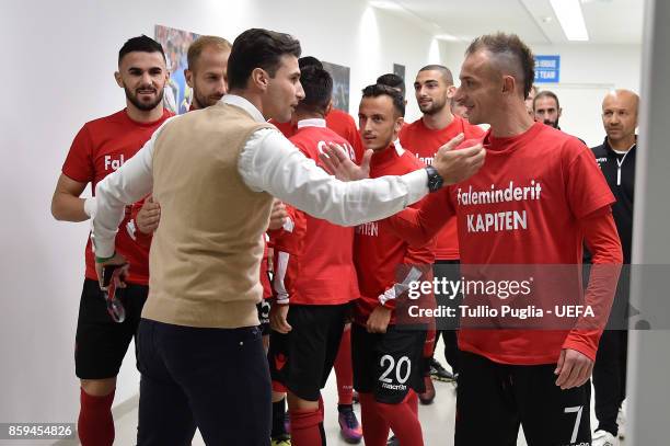 Lorik Cana former captain of Albania meets players of Albania before the FIFA 2018 World Cup Qualifier between Albania and Italy at Loro Borici...