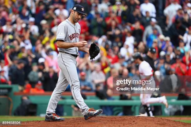 Justin Verlander of the Houston Astros reacts after allowing a two-run home run to Andrew Benintendi of the Boston Red Sox in the fifth inning during...