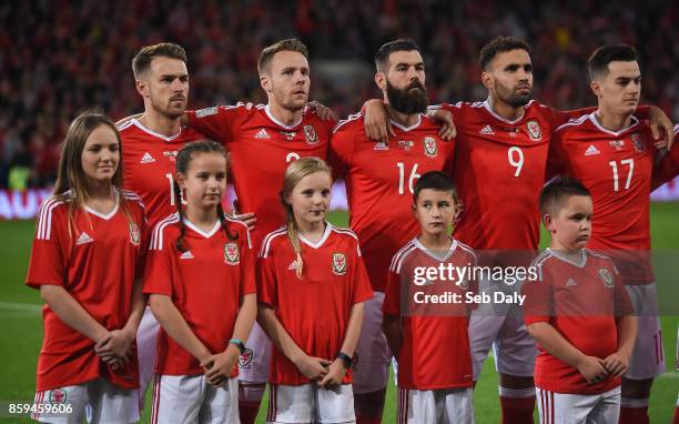 Cardiff , United Kingdom - 9 October 2017; Wales players, from left, Aaron Ramsey, Chris Gunter, Joe Ledley, Hal Robson-Kanu and Tom Lawrence during...