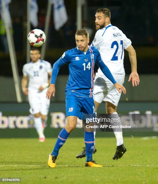 Iceland's defender Kari Arnason and Kosovo's Atdhe Nuhiu vie for the ball during the FIFA World Cup 2018 qualification football match between Iceland...