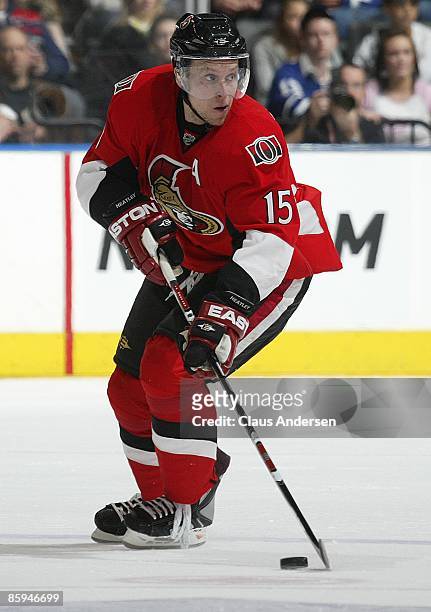 Dany Heatley of the Ottawa Senators skates with the puck in a game against the Toronto Maple Leafs on April 11, 2009 at the Air Canada Centre in...