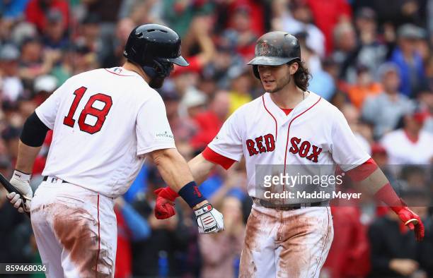 Andrew Benintendi of the Boston Red Sox celebrates with Mitch Moreland after hitting a two-run home run in the fifth inning against the Houston...