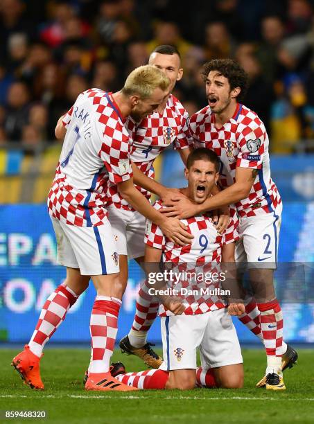 Andrej Kramaric of Croatia celebrates with team mates as he scores their first goal during the FIFA 2018 World Cup Group I Qualifier between Ukraine...