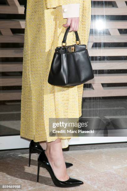 Aurelie Dupont, handbag and shoe detail, attends 'Etre Moderne: Le MomA a Paris' exhibition at Fondation Louis Vuitton on October 9, 2017 in Paris,...