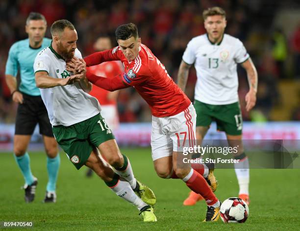 Tom Lawrence of Wales holds off David Meyler of the Republic of Ireland during the FIFA 2018 World Cup Group D Qualifier between Wales and Republic...