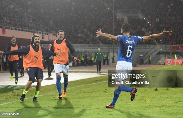 Antonio Candreva of Italy celebrates after scoring the opening goal during the FIFA 2018 World Cup Qualifier between Albania and Italy at Loro Borici...