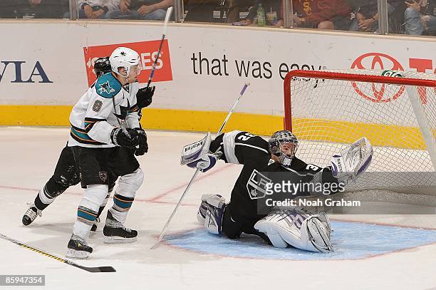 Goaltender Jonathan Quick of the Los Angeles Kings defends the goal against Joe Pavelski of the San Jose Sharks on April 11, 2009 at Staples Center...