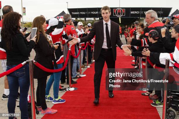 Kyle Turris of the Ottawa Senators walks the red carpet prior to the start of a game against the Detroit Red Wings at Canadian Tire Centre on October...