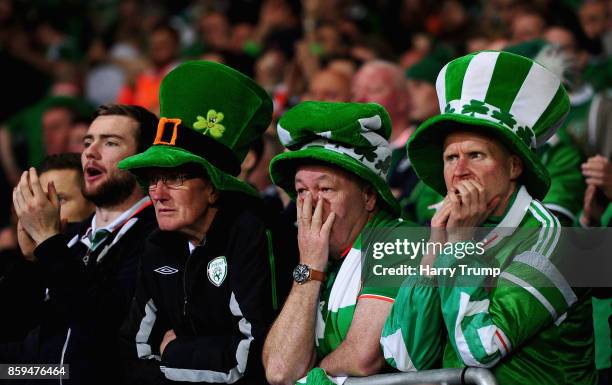 Ireland fans look thoughtful during the FIFA 2018 World Cup Group D Qualifier between Wales and Republic of Ireland at the Cardiff City Stadium on...