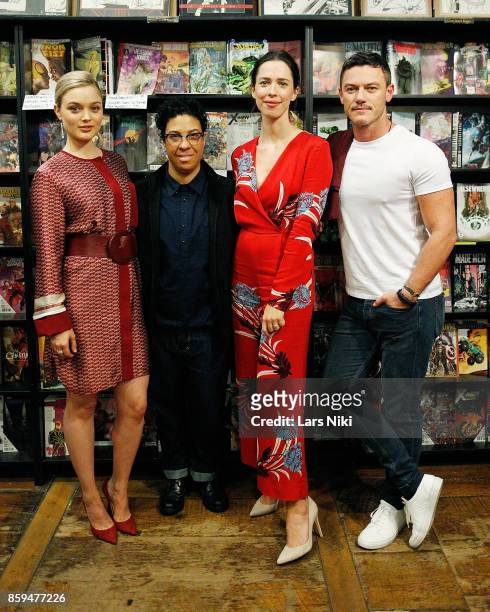 Actress Bella Heathcote, director Angela Robinson, actress Rebecca Hall and actor Luke Evans attend the Professor Marston and the Wonder Women meet...