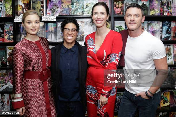 Actress Bella Heathcote, director Angela Robinson, actress Rebecca Hall and actor Luke Evans attend the Professor Marston and the Wonder Women meet...