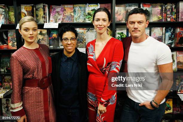 Actress Bella Heathcote, director Angela Robinson, actress Rebecca Hall and actor Luke Evans attend the Professor Marston and the Wonder Women meet...