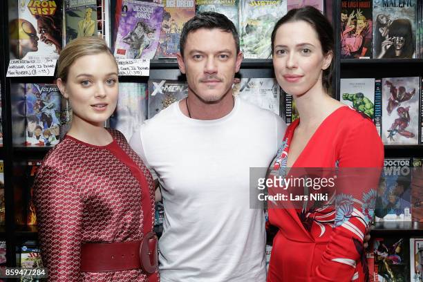 Actress Bella Heathcote, actor Luke Evans and actress Rebecca Hall attend the Professor Marston and the Wonder Women meet and greet at New York's...
