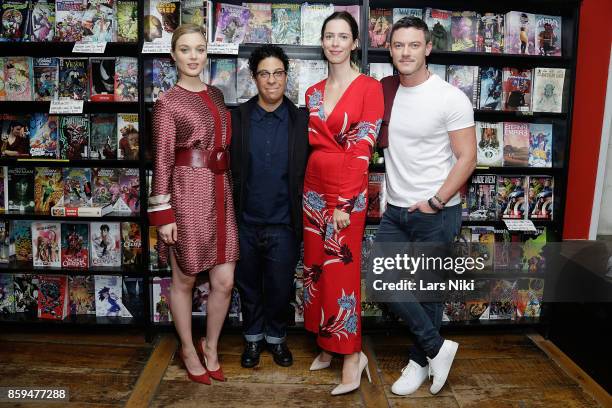 Actress Bella Heathcote, director Angela Robinson, actress Rebecca Hall and actor Luke Evans attend the Professor Marston and the Wonder Women meet...