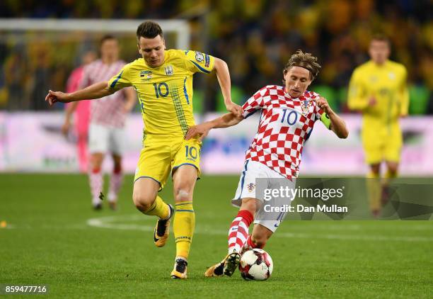 Yevhen Konoplyanka of Ukraine and Luke Modric of Croatia battle for possession during the FIFA 2018 World Cup Group I Qualifier between Ukraine and...