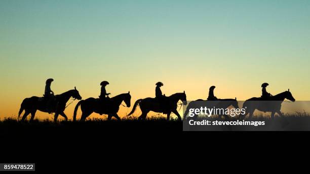 cowboy a cavallo al tramonto - cowboy sillouette foto e immagini stock