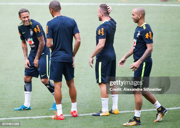 Neymar of Brazil smiles during the Brazil training session for 2018 FIFA World Cup Russia Qualifier match against Chile at Allianz Parque Stadium on...