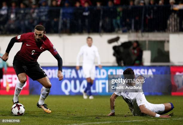 Cenk Tosun of Turkey in action during the 2018 FIFA World Cup European Qualification Group I match between Finland and Turkey at Veritas Stadion in...