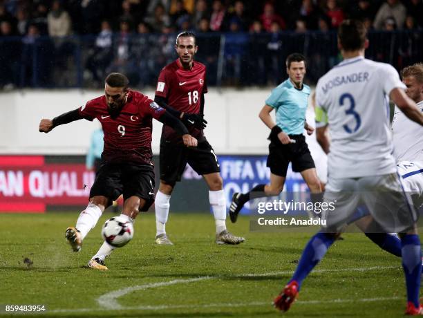 Cenk Tosun of Turkey in action during the 2018 FIFA World Cup European Qualification Group I match between Finland and Turkey at Veritas Stadion in...