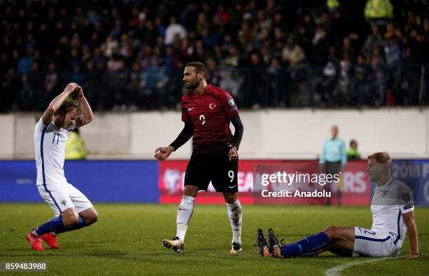 Cenk Tosun of Turkey celebrates after scoring during the 2018 FIFA World Cup European Qualification Group I match between Finland and Turkey at...