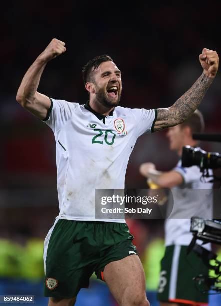 Cardiff , United Kingdom - 9 October 2017; Shane Duffy of Republic of Ireland celebreates following his side's victory during the FIFA World Cup...