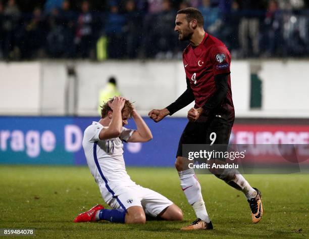 Cenk Tosun of Turkey celebrates after scoring during the 2018 FIFA World Cup European Qualification Group I match between Finland and Turkey at...