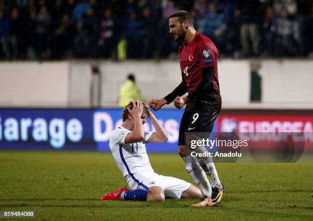 Cenk Tosun of Turkey celebrates after scoring during the 2018 FIFA World Cup European Qualification Group I match between Finland and Turkey at...