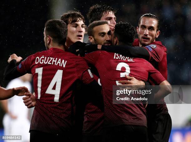 Cenk Tosun of Turkey celebrates with his teammates after scoring during the 2018 FIFA World Cup European Qualification Group I match between Finland...