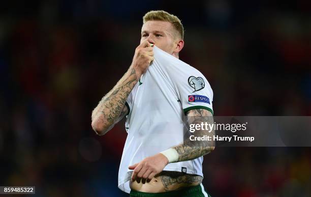 James McClean of the Republic of Ireland celebrates victory after the FIFA 2018 World Cup Group D Qualifier between Wales and Republic of Ireland at...