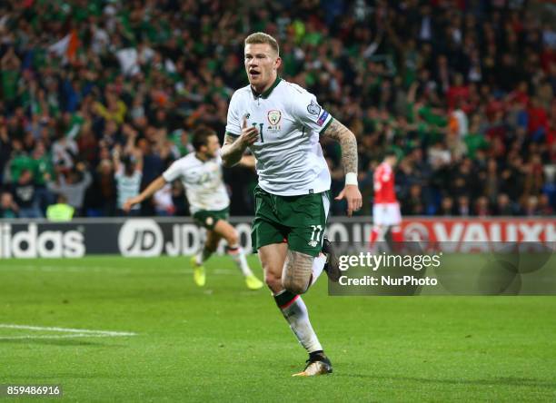 James McClean of Republic of Ireland celebrates scoring his sides first goal during World Cup Qualifying - European Group D match between Wales...