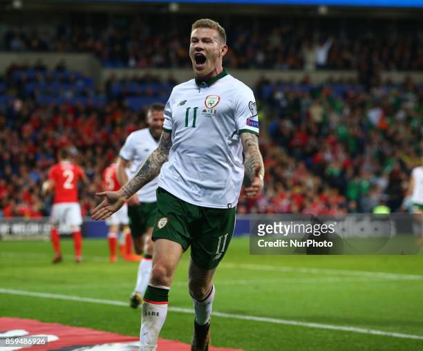 James McClean of Republic of Ireland celebrates scoring his sides first goal during World Cup Qualifying - European Group D match between Wales...
