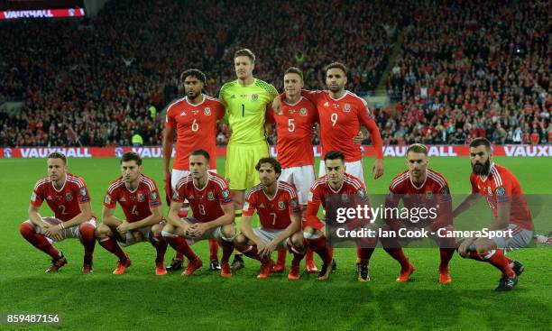 Wales team line up for the team photo during the FIFA 2018 World Cup Qualifier between Wales and Republic of Ireland at Cardiff City Stadium on...