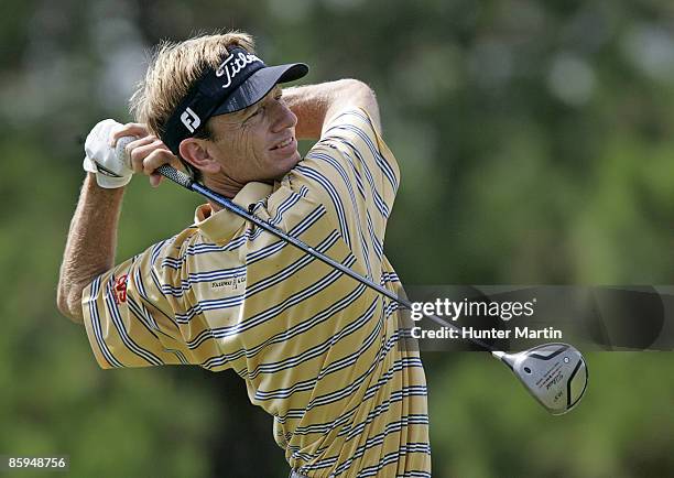 Brad Faxon hits his tee shot on the 5th hole during the third round of the Southern Farm Bureau Classic at Annandale Golf Club in Madison,...