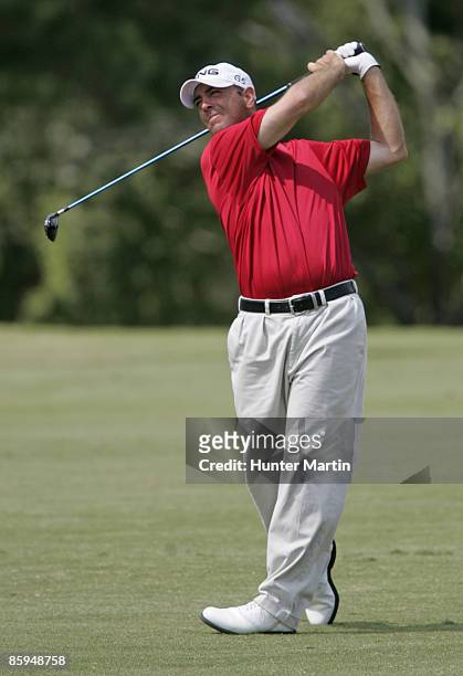 Patrick Sheehan hits his approach shot on the 7th hole during the third round of the Southern Farm Bureau Classic at Annandale Golf Club in Madison,...