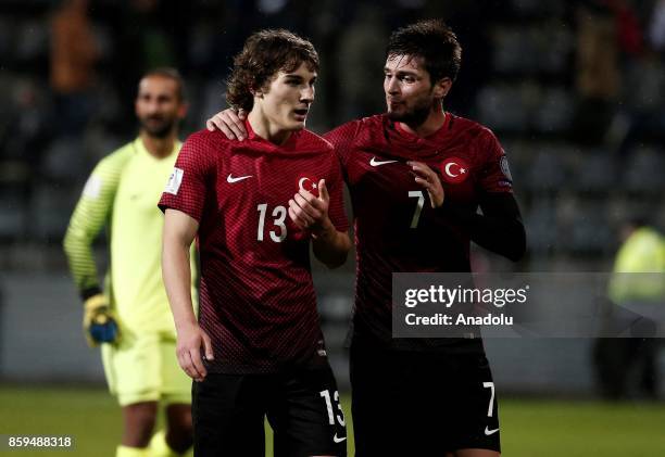 Okay Yokuslu and Caglar Soyuncu of Turkey are seen during the 2018 FIFA World Cup European Qualification Group I match between Finland and Turkey at...