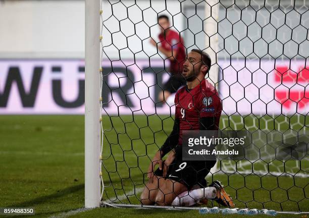 Cenk Tosun of Turkey gestures during the 2018 FIFA World Cup European Qualification Group I match between Finland and Turkey at Veritas Stadion in...
